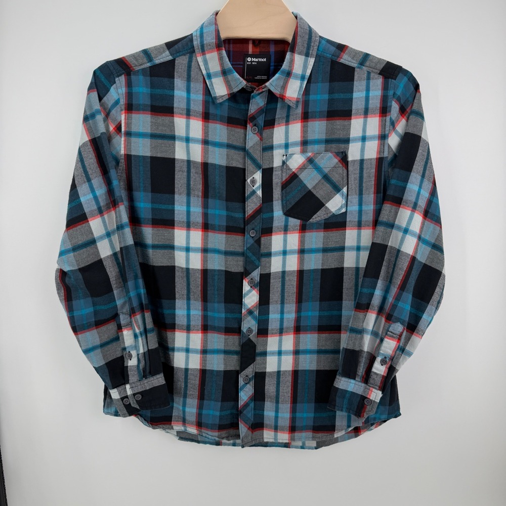 Marmot Flannel Shirt Mens XL Blue Black Red Plaid Gorpcore Hiking Button Down